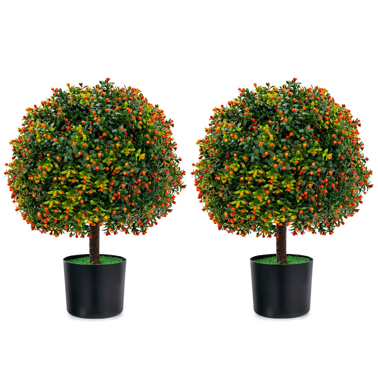 Costway 22'' Artificial Boxwood Topiary Ball Tree 2-Pack Faux Potted Plant w/Orange Fruit